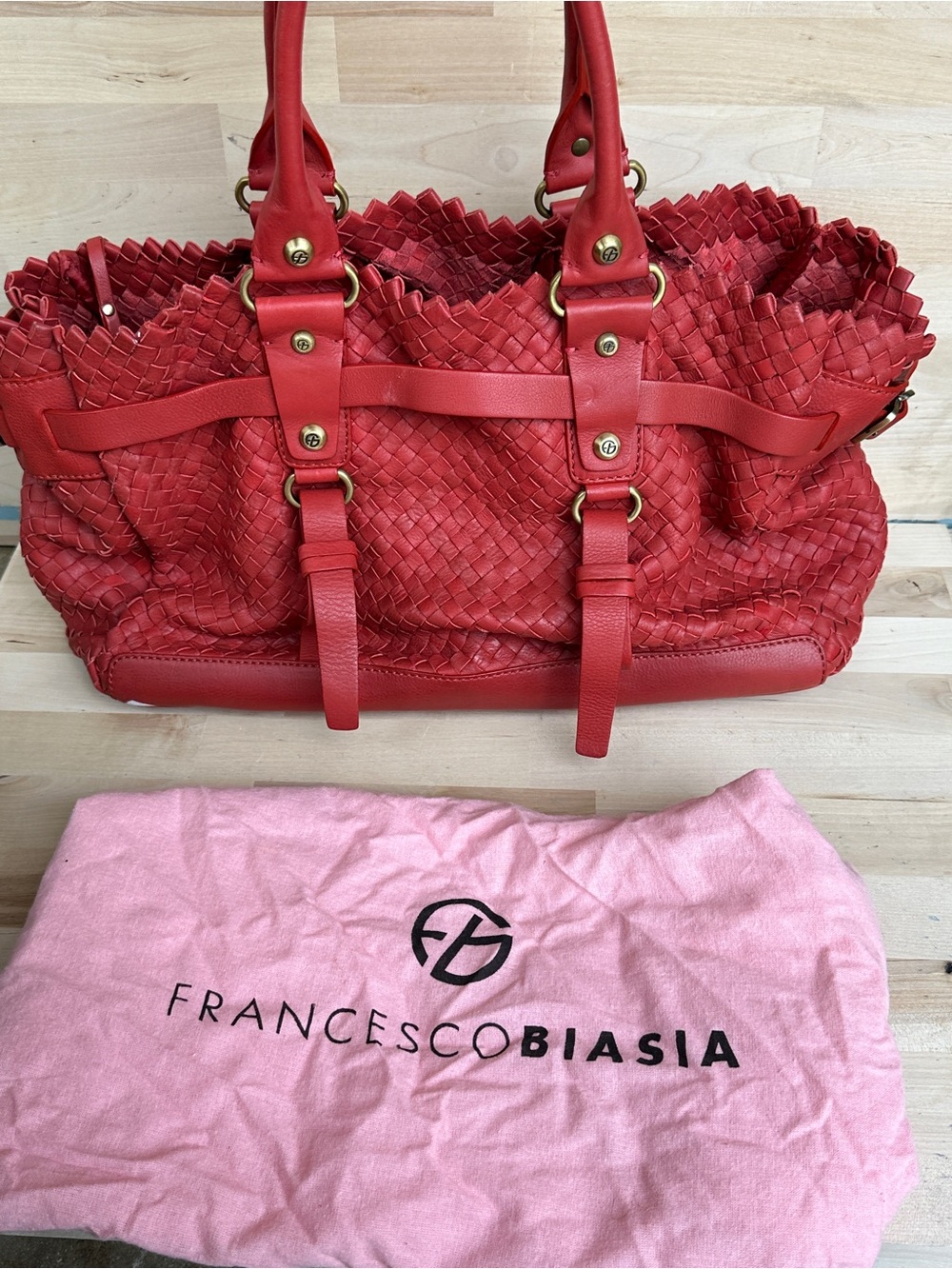 VTG Francesco Biasia Red Woven Leather Tote with Gold Hardware